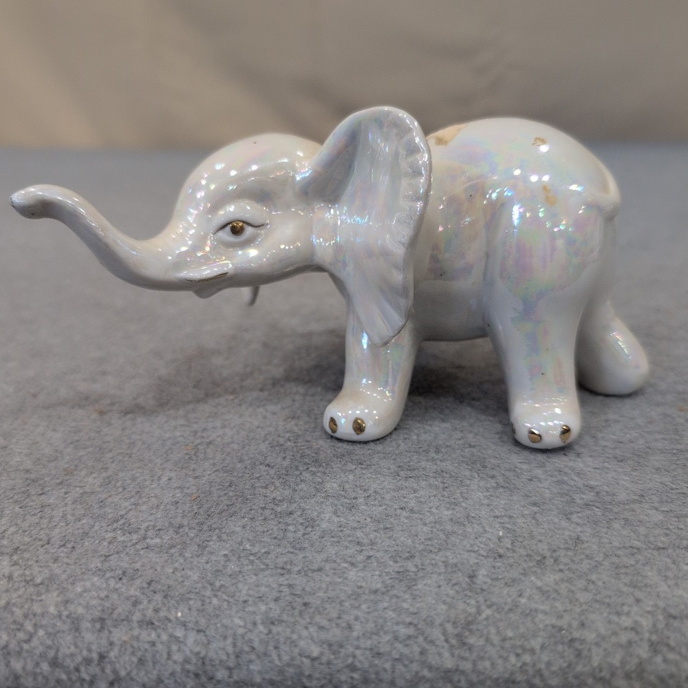 Vintage Iridescent Ceramic Elephant Figurine Mother of Pearl Glaze Gold Accents - Picture 1 of 5
